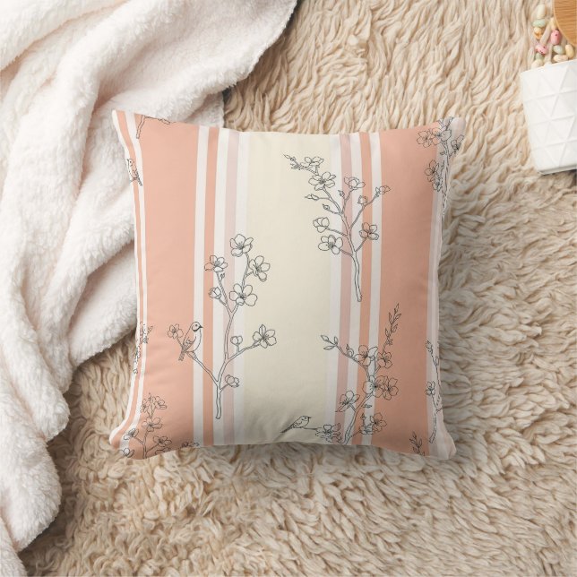 Vintage Bird Blossom Toile Streep (14) Kussen (Deken)