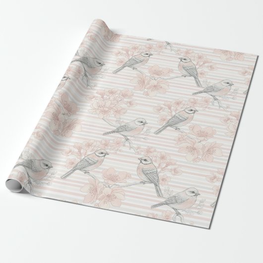 Vintage Bird Blossom Toile Streep (7) Cadeaupapier (Uitgerold)