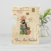 Vintage Bird Flowers French Briefkaarten Invitatio (Staand voorkant)