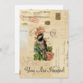 Vintage Bird Flowers French Briefkaarten Invitatio (Voorkant / Achterkant)