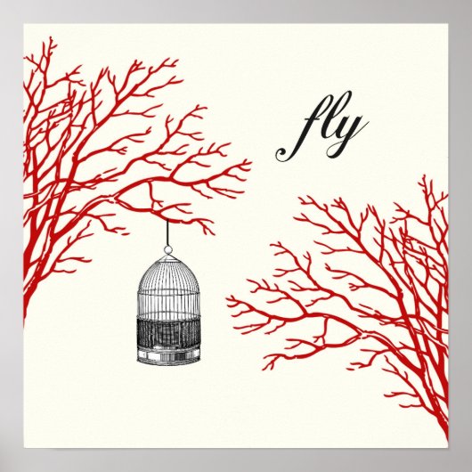 Vintage Birdcage Red Branches "fly" Poster (Voorkant)