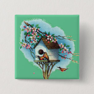 Vintage Birdhouse Vierkante Button 5,1 Cm