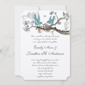 Vintage Birds Aqua & Hot Roze Trouw Uitnodiging (Voorkant)