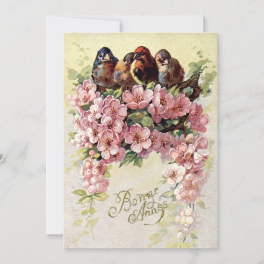 Vintage Birds & Flowers Bonne Annee Feestdagenkaart (Voorkant)