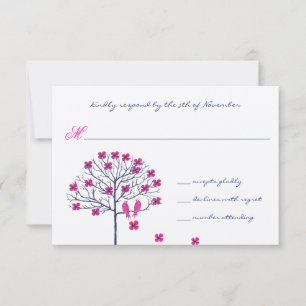 Vintage Birds Fuchsia & Navy Trouw Uitnodiging