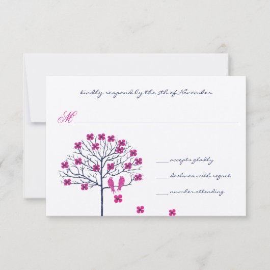 Vintage Birds Fuchsia & Navy Trouw Uitnodiging (Voorkant)