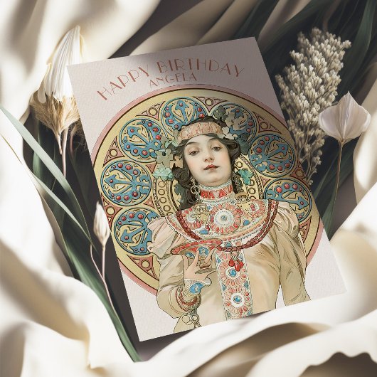 Vintage Birthday Kaart Alphonse Mucha Champagne