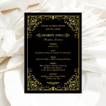 Vintage Black and Gold Art Deco Wedding Menu<br><div class="desc">Elegant en glamoureus kunstdeco trouwmenu geïnspireerd door de   Gatsby stijl en de grote 20er jaren. Het ontwerp van de kaart kenmerkt een zwart-goudkleurenschema,   decoratief lijst,  douane monogram en menutekst,  en een grafisch patroon op de achterkant.</div>