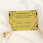 Vintage Black and Gold Art Deco Wedding RSVP Kaartje<br><div class="desc">Elegante en glamoureuze bruiloft RSVP-kaarten geïnspireerd door de kunstdecostijl en de rokerende twintiger. Het kaartontwerp van de reactie kenmerkt een zwart en goudkleurenschema, decoratief lijst, douanetekst die kan worden gepersonaliseerd - omvat de antwoordtermijn, traditionele antwoordformulering, en de maaltijdopties voor gasten om te kiezen van - en een grafisch patroon op...</div>