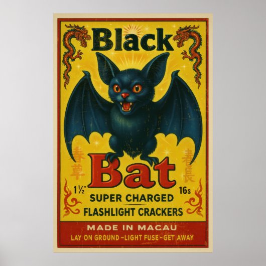 Vintage Black Bat Firecracker Label Poster (Voorkant)