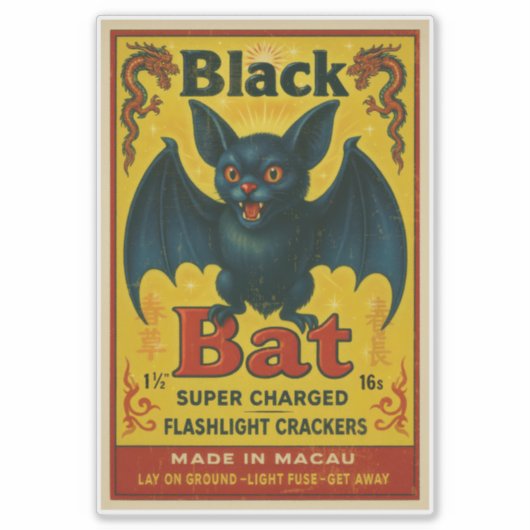 Vintage Black Bat Firecracker Label Sticker (Voorkant)
