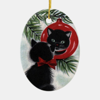 Vintage Black Cat Ceramic Christmas Ornament