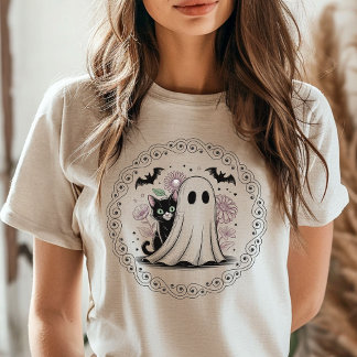 Vintage Black Cat & Ghost Halloween Spooky Season Tri-Blend Shirt