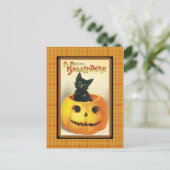 Vintage Black Cat Pumpkin Halloween Briefkaart (Staand voorkant)