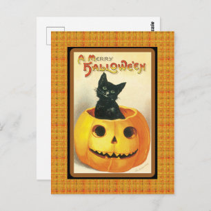Vintage Black Cat Pumpkin Halloween Briefkaart