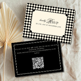 Vintage Black Checkered Old Money QR Code Wedding RSVP Kaartje