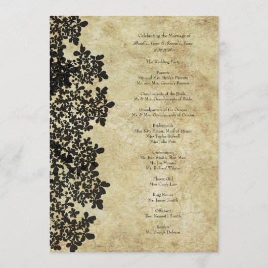 Vintage Black Queen Ann's Lace Wedding Programme Programmakaart (Voorkant)