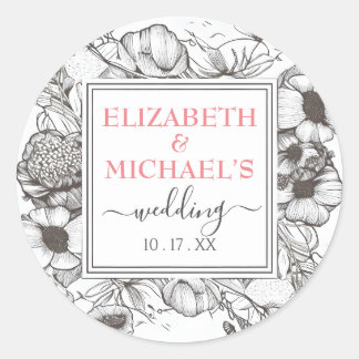 Vintage Black White Floral Wedding Square Lijst Ronde Sticker