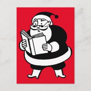 Vintage Black & White Reading Santa On Red Feestdagenkaart