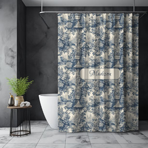 Vintage Blau Chic Toile Bloemeng Monogram Douchegordijn