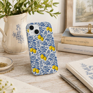 Vintage Blau Citroen Botanisch Patroon iPhone 15 Case