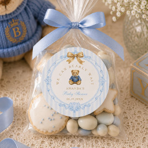 Vintage Blau Gestreepte Polo Teddybeer Baby Shower Ronde Sticker