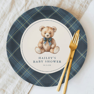 Vintage Blau Schotse Ruit Teddybeer Baby Shower Papieren Bordje