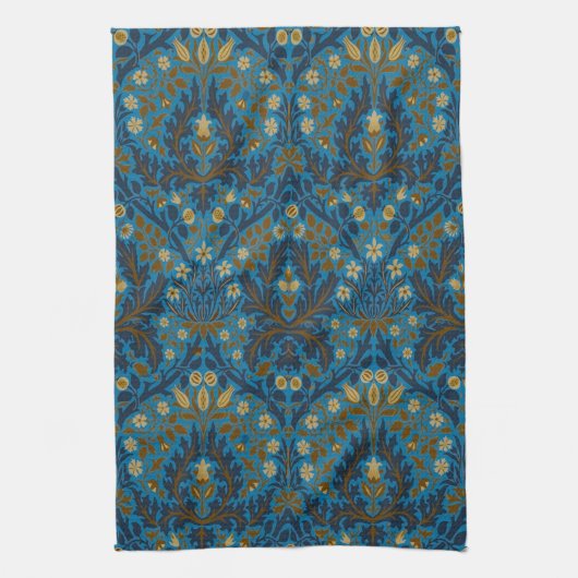 Vintage Blau Teal William Morris Herfstbloemen Theedoek (Verticaal)
