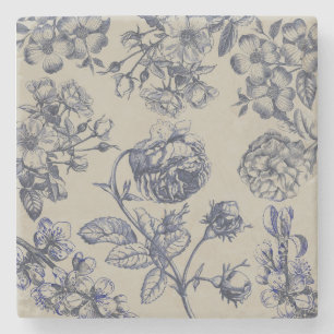 Vintage Blau Toile Botanisch Bloemmotief Antiek Pa Stenen Onderzetter