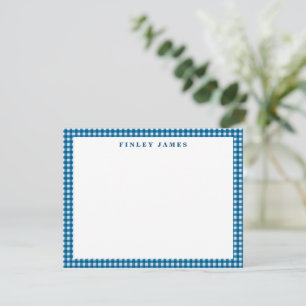 Vintage blauw en wit geruit gepersonaliseerd notitiekaartje