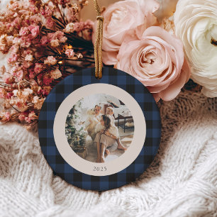 Vintage blauw en zwart Buffalo geruite aangepaste Keramisch Ornament
