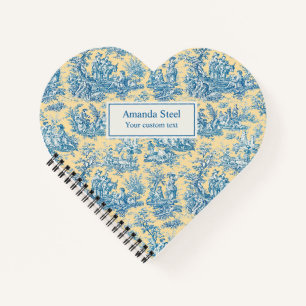 Vintage Blauw Geel Frans Toile de Jouy Hart Notitieboek