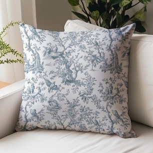Vintage blauw-grijze Toile de Jouy natuurpatroon Kussen
