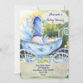 Vintage blauwe babywagen in Garden Bloom nodigt ui Kaart