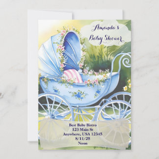 Vintage blauwe babywagen in Garden Bloom nodigt ui Kaart