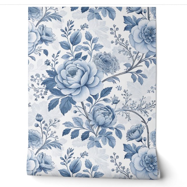 vintage blauwe bloemen behang (Afrollen)