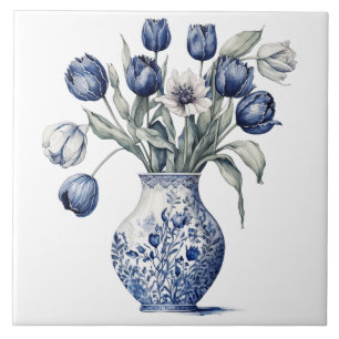 Vintage blauwe chinoiserie tulp vaas bloem kunst tegeltje