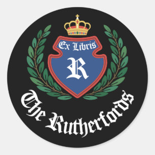 Vintage Blauwe Crest Monogram Kroon Krans Ex Libri Ronde Sticker