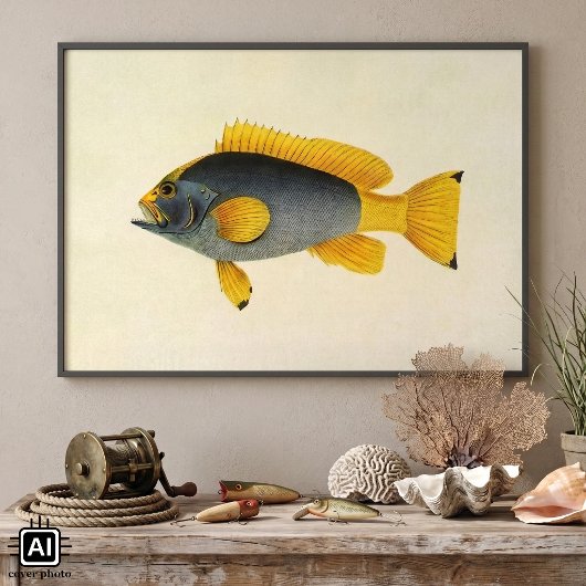 Vintage blauwe en gele zeebaars, zeeleven poster