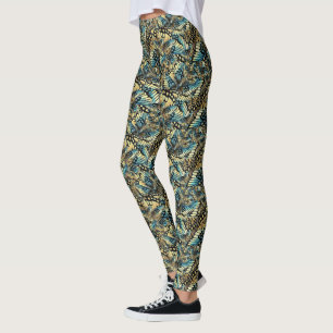 Vintage Blauwe en Gouden Vlindervleugel Collage Leggings