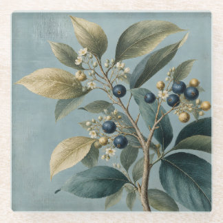 Vintage blauwe en groene botanische glazen onderze onderzetter