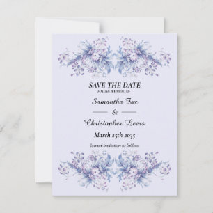 Vintage. Blauwe en lila bloemen op lichtblauw Save The Date