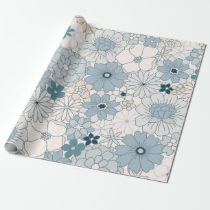 Vintage Blauwe en Perzik Groovy Bloemige Boho Cadeaupapier