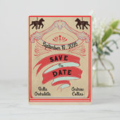 Vintage Blauwe en Rode Circus Save the Date (Staand voorkant)