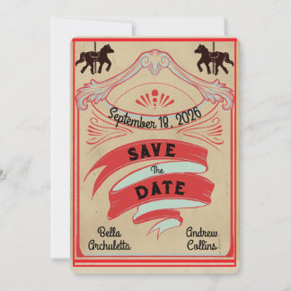 Vintage Blauwe en Rode Circus Save the Date