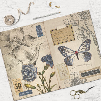 Vintage Blauwe Floral en Ephemera ontkoppeling Tissuepapier
