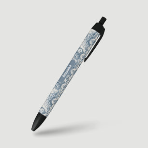 Vintage Blauwe Franse Toile de Jouy Monogram Zwarte Inkt Pen