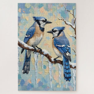 Vintage Blauwe Gaaien op Ijspegeltak Kerst Kunst Legpuzzel