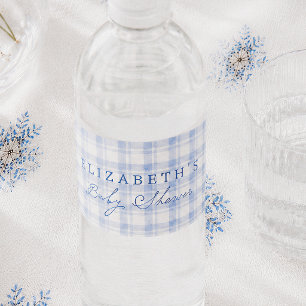 Vintage Blauwe Gingham Baby Shower Waterfles Etiket