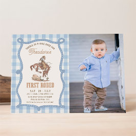 Vintage Blauwe Gingham Eerste Rodeo Foto Kaart